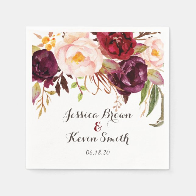 Marsala Burgundy Floral Personalized Wedding-2 Napkin (Front)