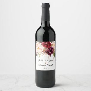 Marsala Burgundy Floral Personalized Wedding-3 Wine Label