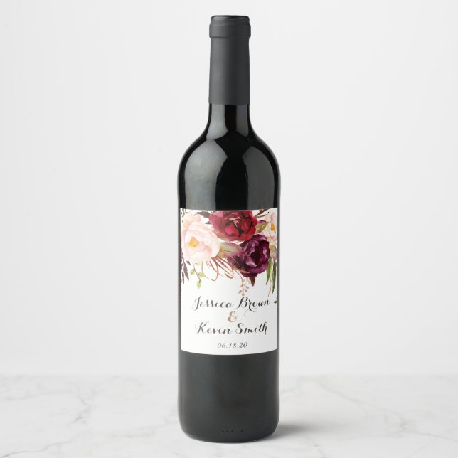 Marsala Burgundy Floral Personalized Wedding-3 Wine Label (Front)