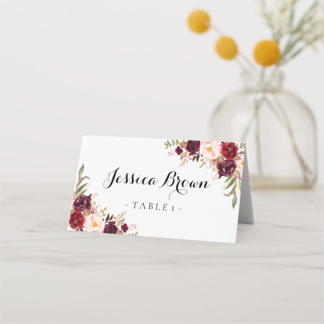 Marsala Burgundy Floral Wedding Place Card (Front)
