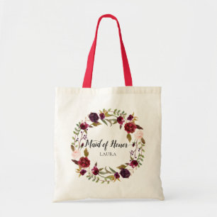 Marsala Burgundy Floral Wreath Maid of Honour Tote