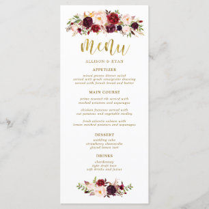 Marsala Burgundy Flowers Boho Wedding Menu