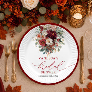 Marsala Burgundy Gold eucalyptus bridal shower pla Paper Plate