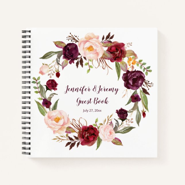 Marsala Burgundy Pink Floral Wreath Guest Book (Front)