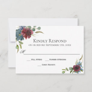 Marsala Burgundy Red and Blue Wedding RSVP Card