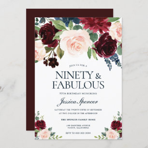 Marsala Burgundy Red Blush Floral 90th Birthday Invitation
