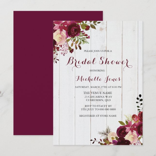 Marsala Burgundy Red Floral Rustic Bridal Shower Invitation (Front/Back)