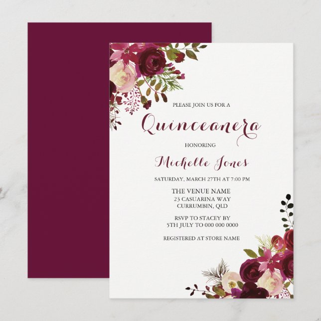 Marsala Burgundy Red Floral Spring Quinceanera Invitation (Front/Back)