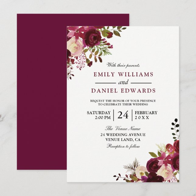 Marsala Burgundy Red Floral Wedding Invitation (Front/Back)