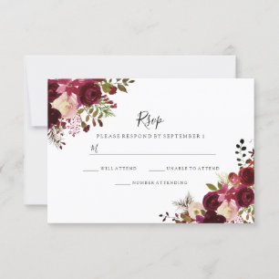 Marsala Burgundy Red Floral Wedding RSVP Card