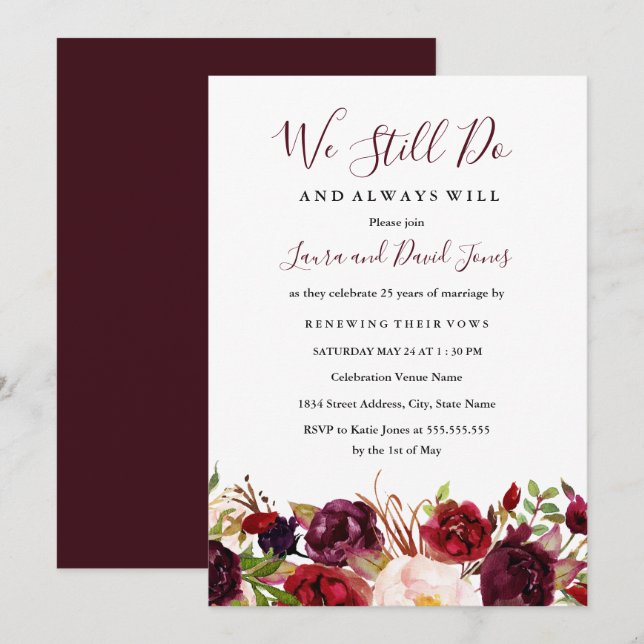 Marsala Burgundy Red Floral Wedding Vow Renewal Invitation (Front/Back)