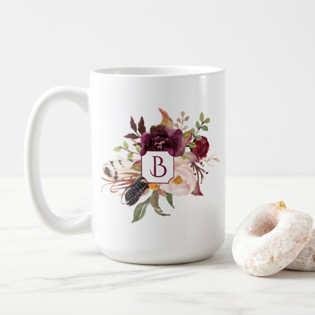 Marsala Burgundy Red Pink Boho Feathers Monogram | Coffee Mug (With Donut)