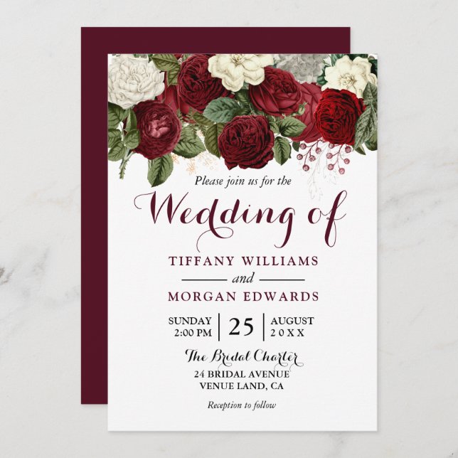 Marsala Burgundy Red Roses Fall Spring Wedding Invitation (Front/Back)