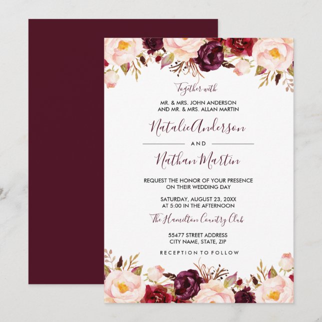 Marsala Burgundy Red Watercolor Floral Wedding Invitation (Front/Back)