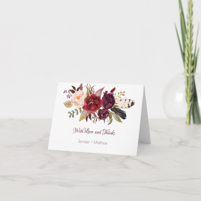Marsala, Burgundy, Red, White Roses Boho Thank You (Front)