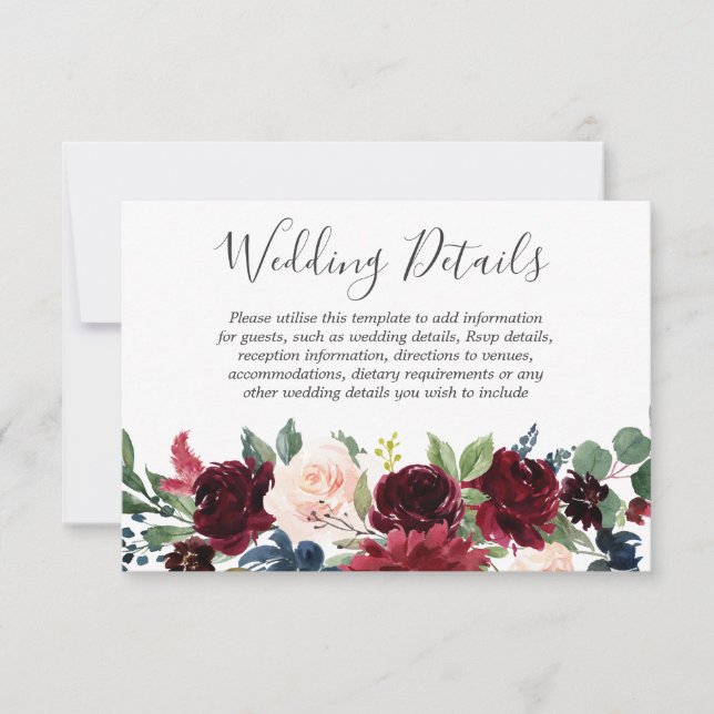 Marsala Burgundy Red Wine Floral Wedding Details RSVP Card (Front)