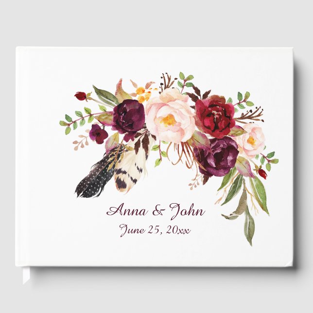 Marsala Burgundy Roses Boho Feathers Guest Book (Front)