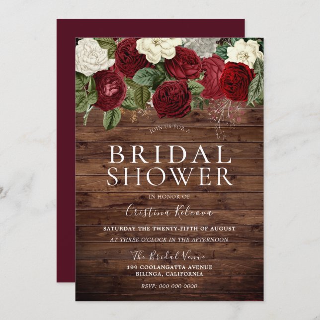 Marsala Burgundy Rustic Red Roses Bridal Shower Invitation (Front/Back)