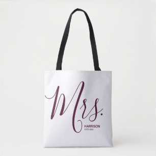 Marsala Burgundy Script White Personalized Mrs. Tote Bag