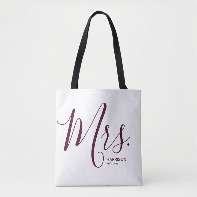 Marsala Burgundy Script White Personalized Mrs. Tote Bag (Front)