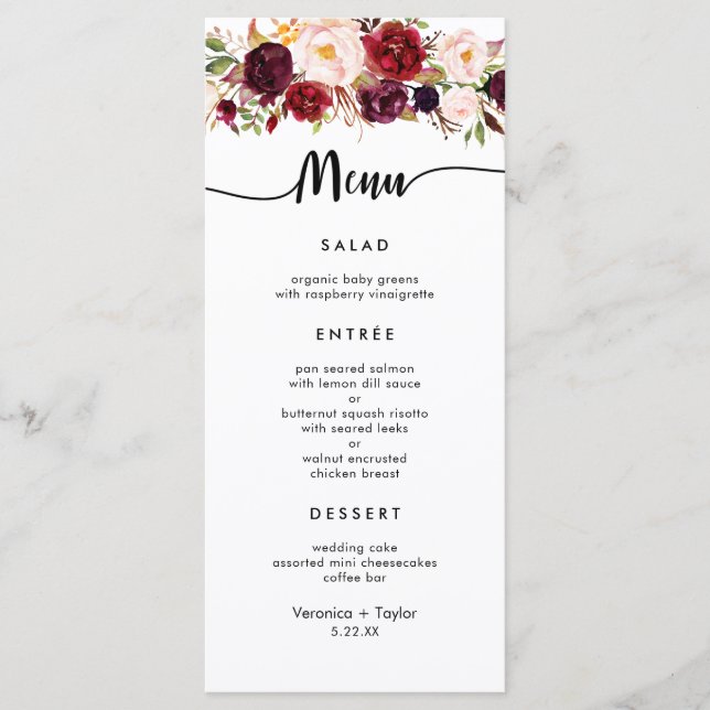 Marsala Burgundy Simple 3 plats menu mariage (Devant)
