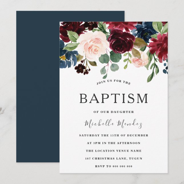 Marsala Burgundy Watercolor Flowers Baptism Invitation (Front/Back)