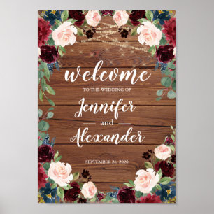 Marsala Burgundy Wood Floral Mariage Affiche de bi