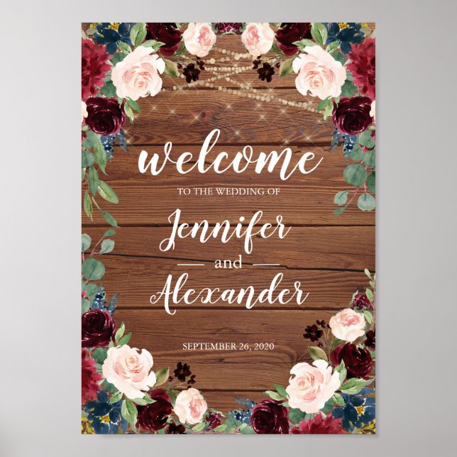 Marsala Burgundy Wood Floral Mariage Affiche de bi (Devant)