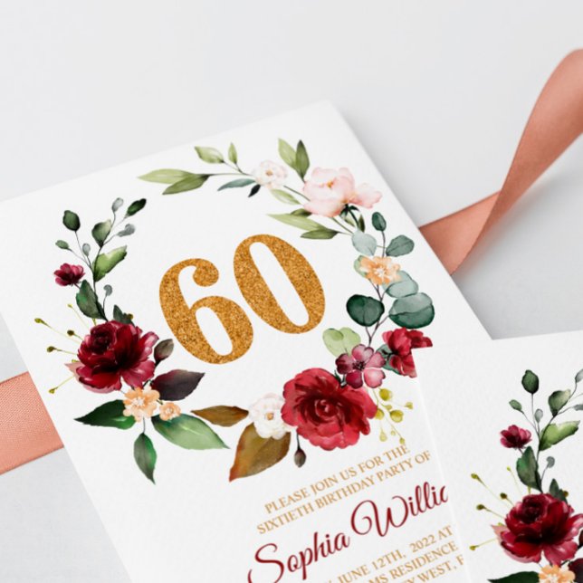 Marsala & Burgundy Wreath 60th Birthday Invitation (Creator Uploaded)