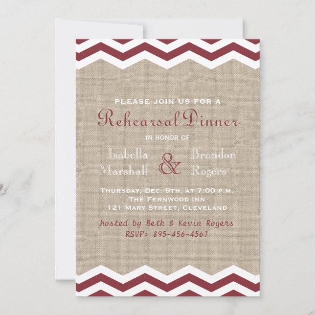Marsala Chevrons on Burlap Rehearsal Dinner Invite (Front)