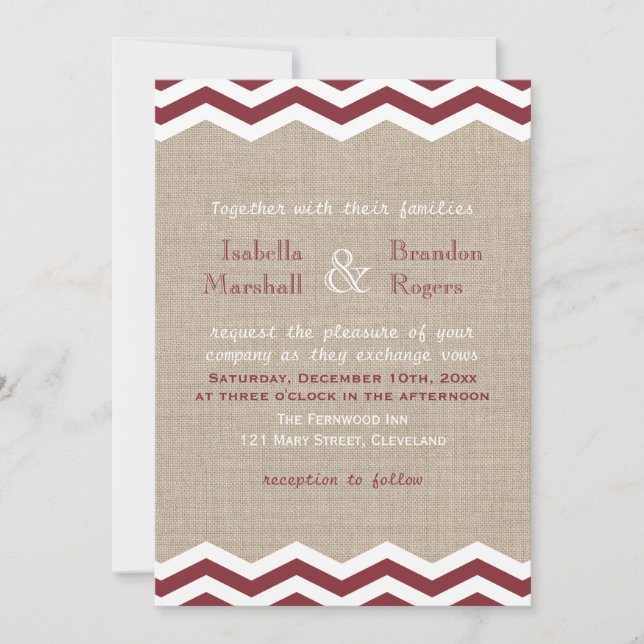 Marsala Chevrons on Burlap Wedding Invitation (Front)