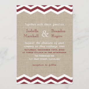 Marsala Chevrons on Burlap Wedding Invitation