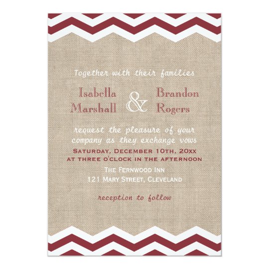Marsala Chevrons on Burlap Wedding Invitation