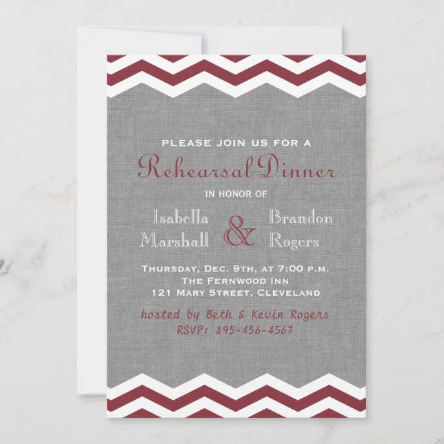 Marsala Chevrons on Grey Rehearsal Dinner Invite (Front)