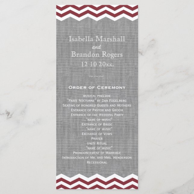 Marsala Chevrons on Grey Wedding Program (Front)