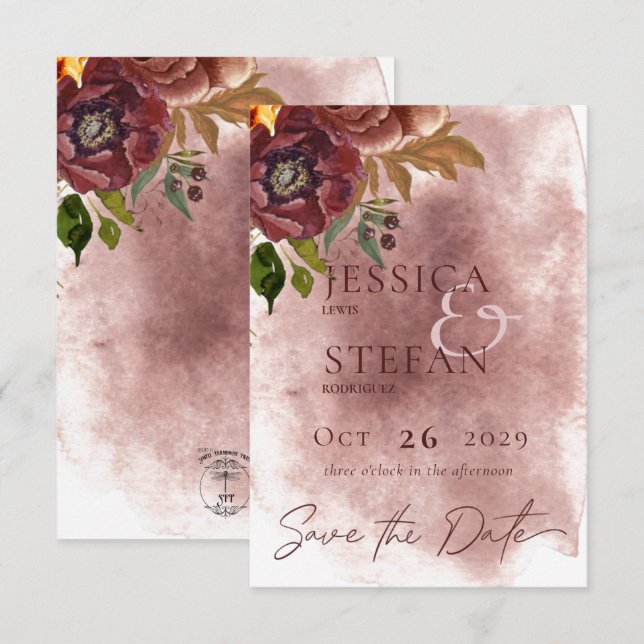 Marsala Clay & Yellow Bouquet Wedding Save The Date (Front/Back)