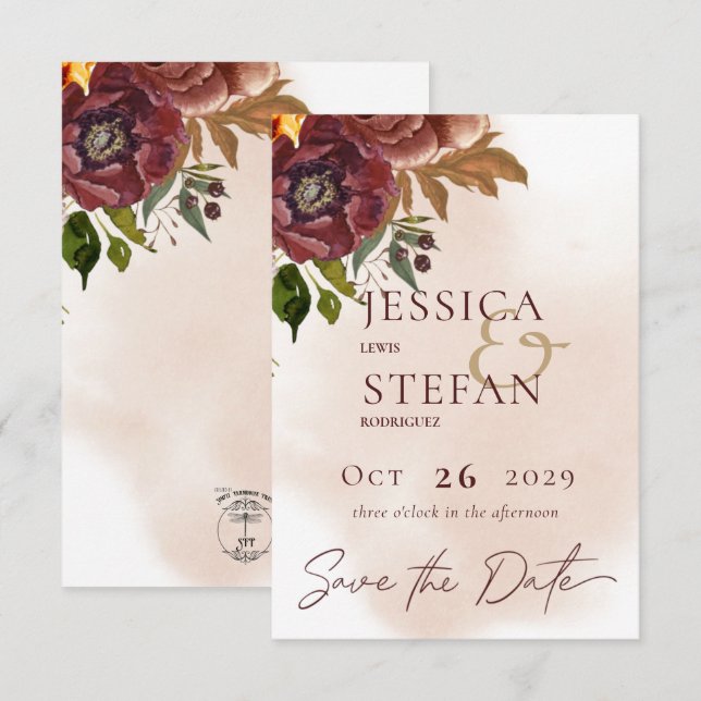 Marsala Clay & Yellow Bouquet Wedding Save The Date (Front/Back)