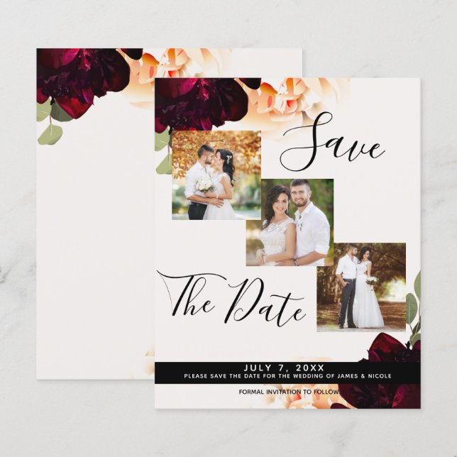 Marsala & Cream Floral Wedding Photo Save the Date (Front/Back)
