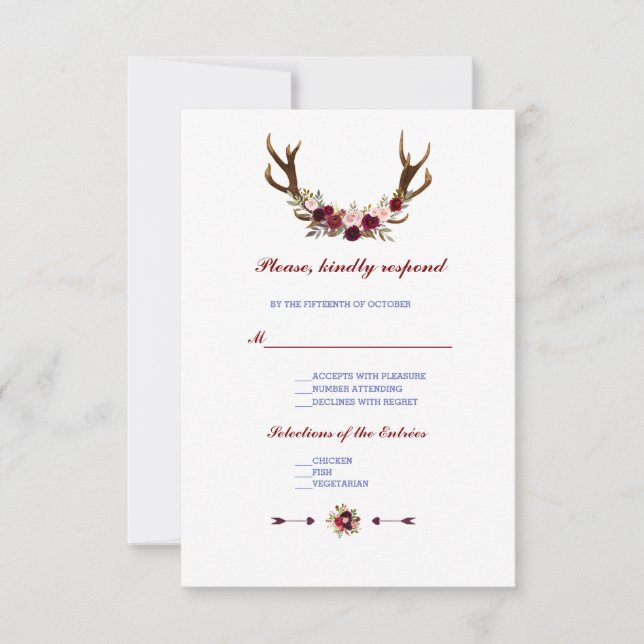 Marsala de Bourgogne Floral Antlers Mariage RSVP (Devant)