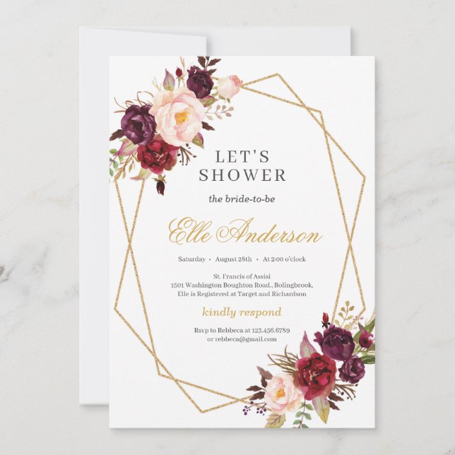 Marsala floral and gold geometric blush pink invitation (Front)