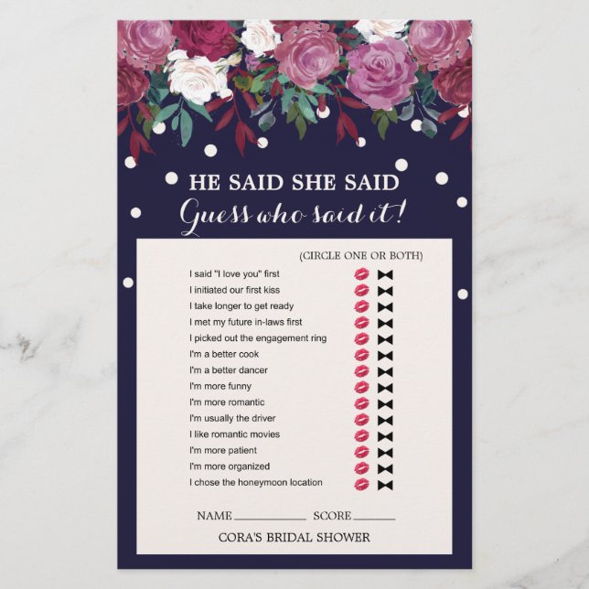 Marsala Floral and Navy He Said She Said Game (Front)
