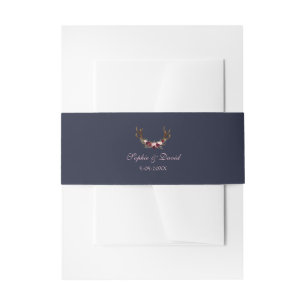 Marsala Floral Antlers Navy Blue Fall Wedding Invitation Belly Band