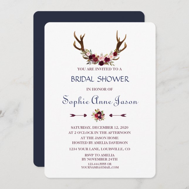 Marsala Floral Antlers Navy Fall Bridal Shower Invitation (Front/Back)