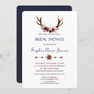 Marsala Floral Antlers Navy Fall Bridal Shower Invitation