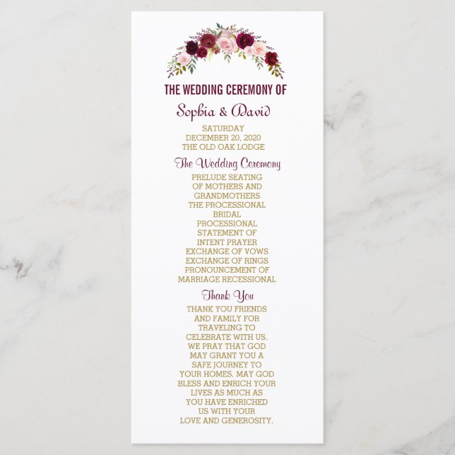 Marsala Floral Antlers Programme de mariage bleu m (Devant)