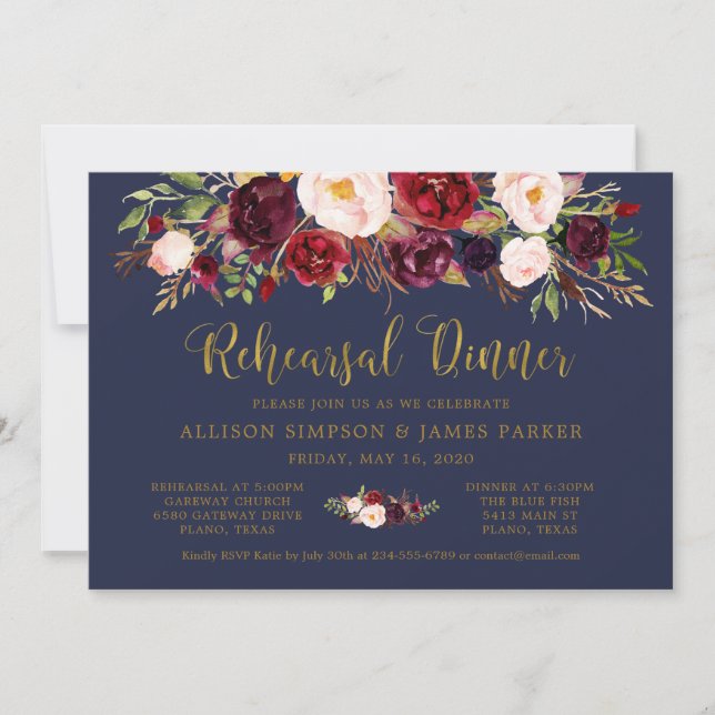Marsala Floral Autumn Gold Rehearsal Dinner Card (Front)