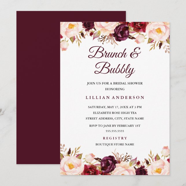 Marsala Floral Brunch And Bubbly Bridal Shower Invitation (Front/Back)
