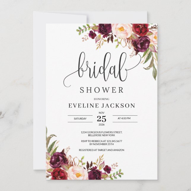 Marsala Floral Corners Bridal Shower Invitation (Front)