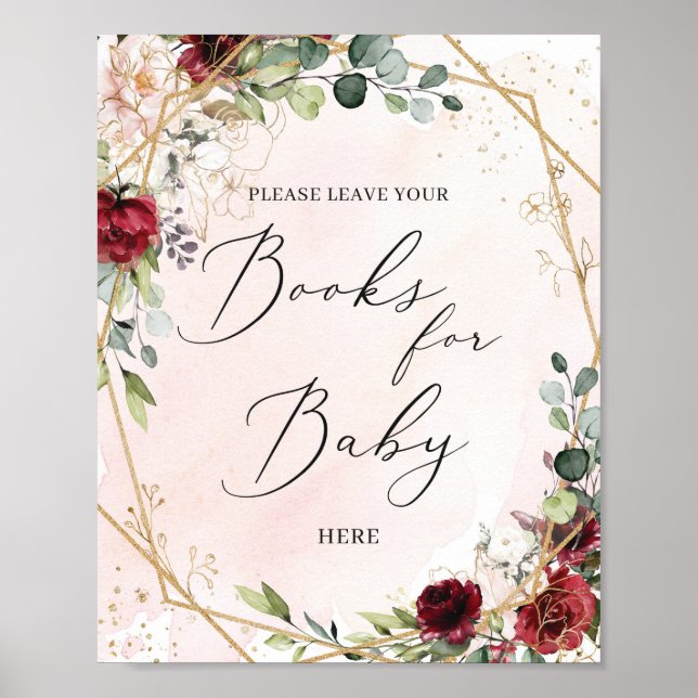 Marsala floral gold eucalyptus books for baby sign (Front)
