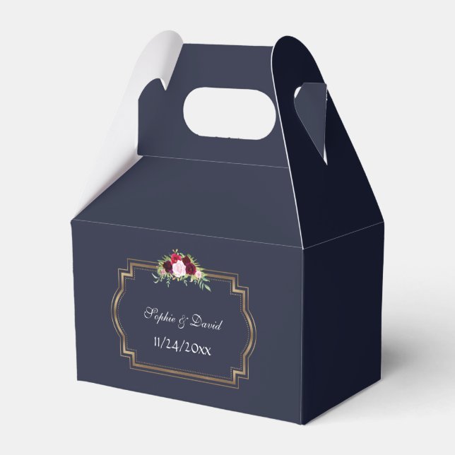 Marsala Floral Gold Navy Blue Fall Wedding Favor Box (Front Side)